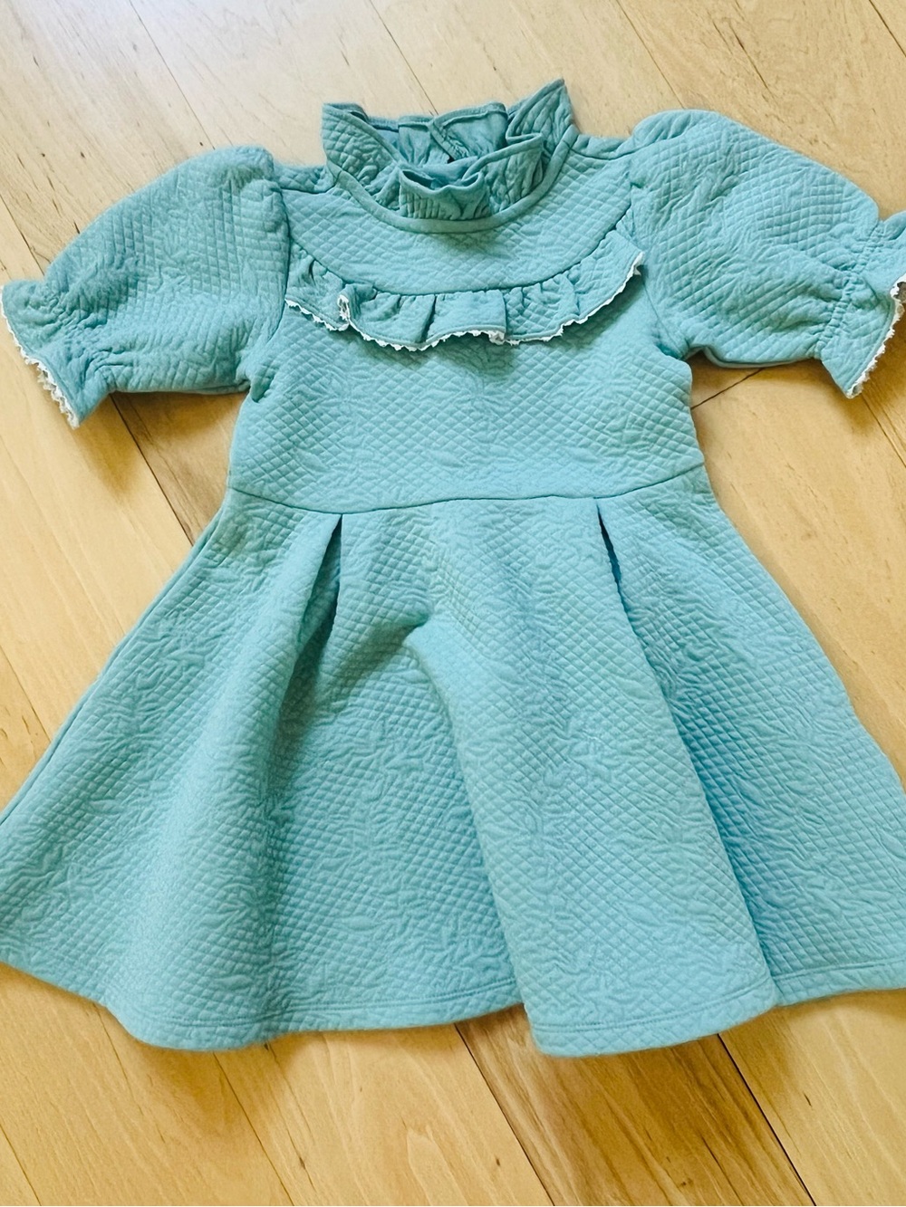 Janie and Jack Girls Teal Ruffle Neck Quilted Dress, size 3